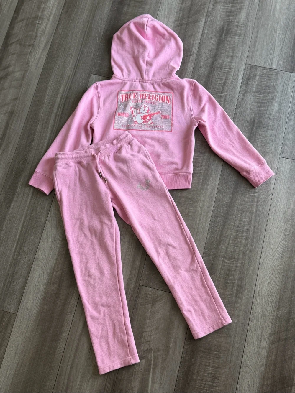 Girls True Religion Pink 2-Piece Sweat Set Rhinestone Graphic Full Zip Sz M